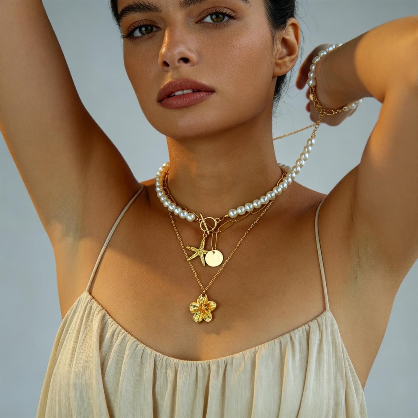Starfish Shell Flower Necklace - Beach Jewelry for Women, Gold Coastal Charm Set, Boho Vacation Necklace, Summer Seashell Accessory