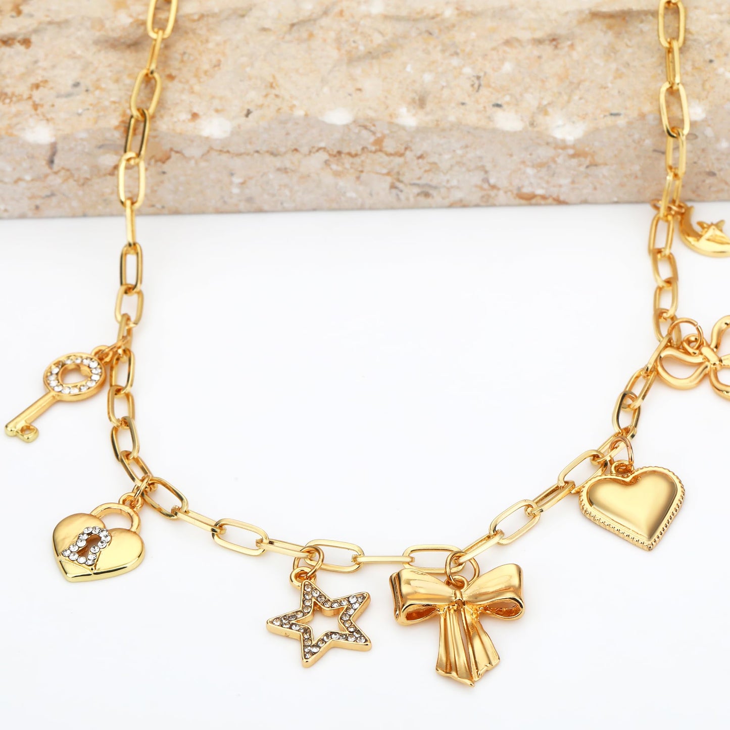 BONJOULRY Charm Necklace for Women Gold Cute Key Lock Bow Ribbon Knot Heart Star Moon Pendant Necklace Dainty Paperclip Chain Charms Choker Necklace Y2K Preppy Christmas Jewelry Bowknot