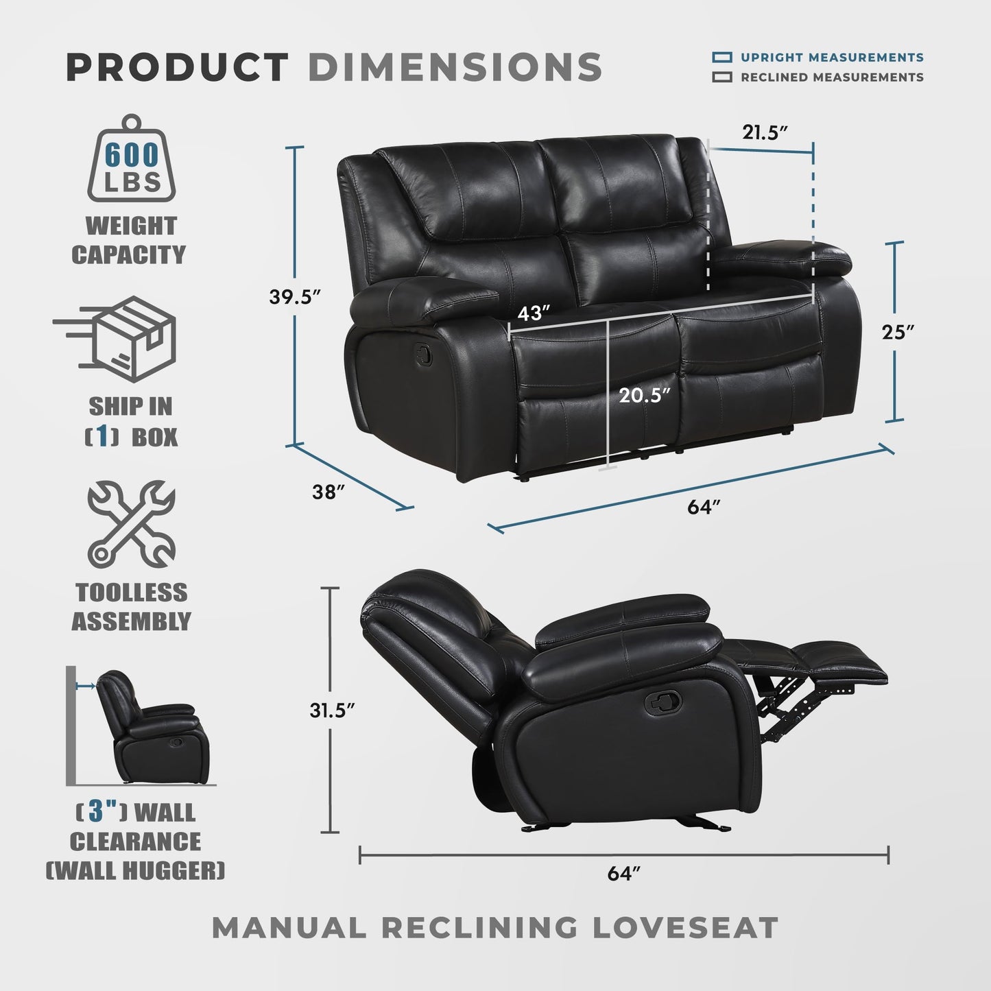 Lexicon Manual Double Reclining Loveseat - Top Grain Leather Match Manual Tab Pull Loveseat Recliner for Living Room, Wall Hugger, Pillow Top Arms, Padded Headrest, Foam Over Pocket Coils Seat, Black