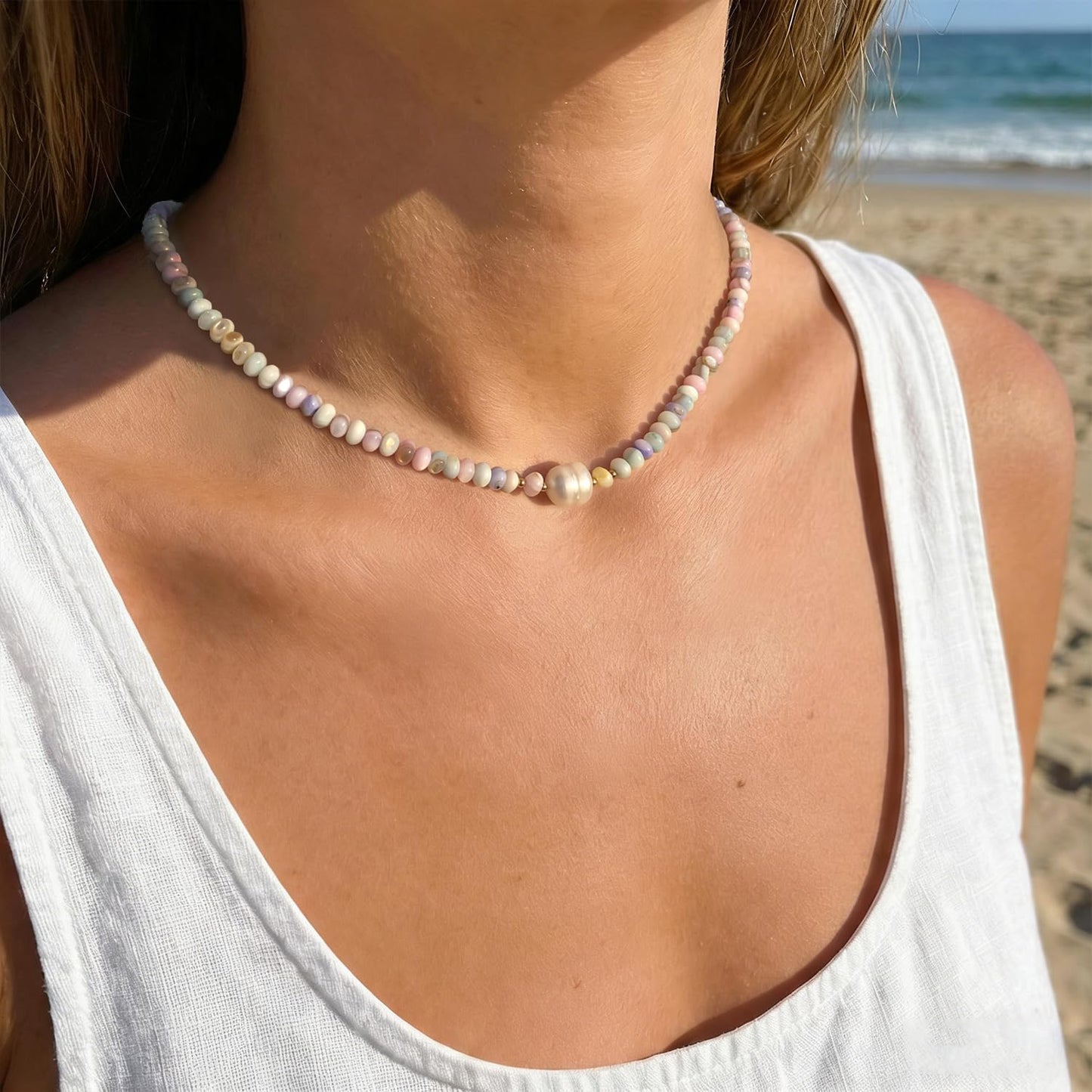 ERNAULO Beaded Necklaces for Women Seashell Beach Necklace with Freshwater Pearl 14K Gold Plated Boho Summer Handmade Jewelry CK-Seashell-mixcolor