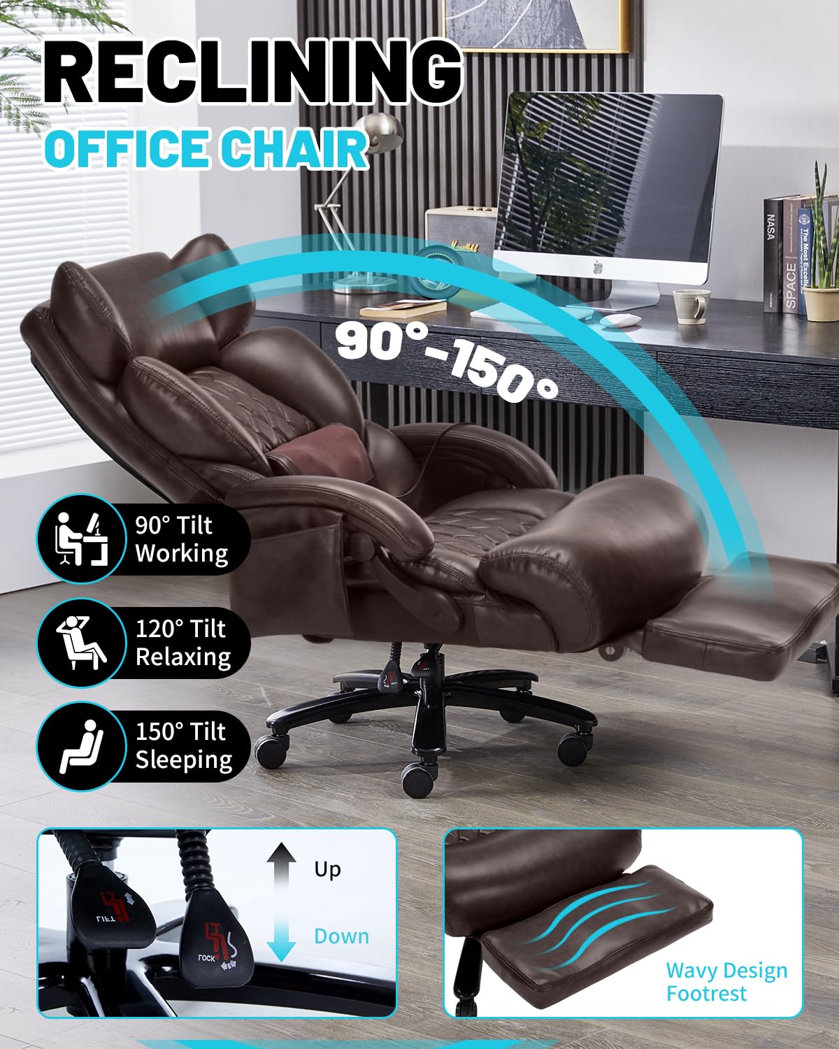 800LBS Massage Office Chair with Foot Rest & 8 Points Vibration Heat for Heavy People,Big and Tall Ergonomic Executive Reclining Desk Chairs for Home Office Managerial Use (Brown)