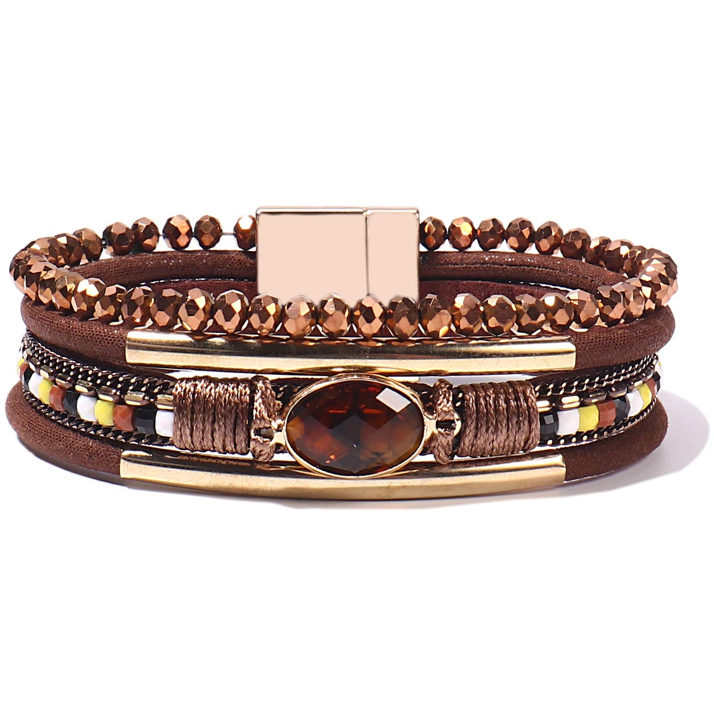 FANCY SHINY Leather Wrap Bracelets Crystal Beads Bracelet Boho Cuff Stone Charm Bracelets with Clasp Costume Jewelry for Women(Brown)
