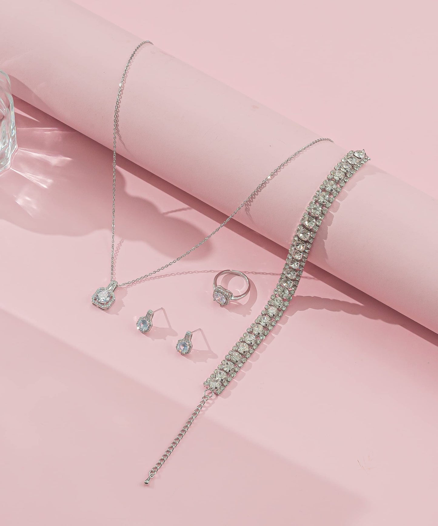 Paxuan 4pcs Cubic Zirconia Wedding Jewelry Sets for Bride Bridesmaid Cubic Zirconia Pendant Necklace Earrings Link Tennis Bracelet Open Ring Set for Women