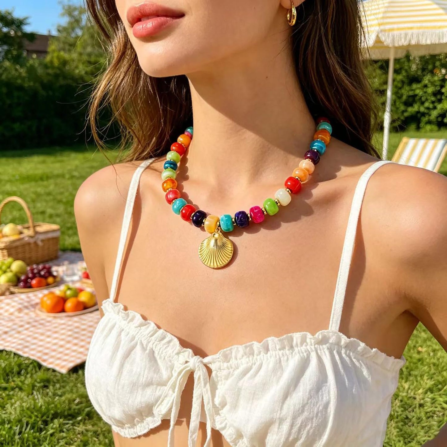 YHGDY Chunky Beaded Starfish Shell Necklace for Women Colorful Boho Bead Choker Necklace Summer Beach Necklace Trendy Chunky Jewelry Gifts (Gold Shell)