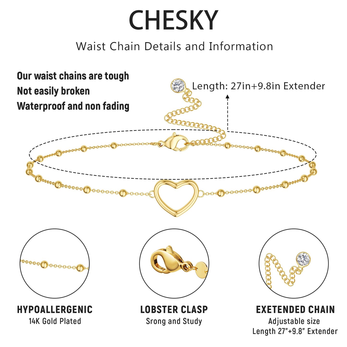CHESKY Gold Waist Chain, 14k Plated Body Chain Jewelry for Women Non Tarnish Adjustable Waterproof Belly Chain Sexy Waist Beads for Womens Dainty Chain Belt Heart Beach Gold Prom Jewelry for Women