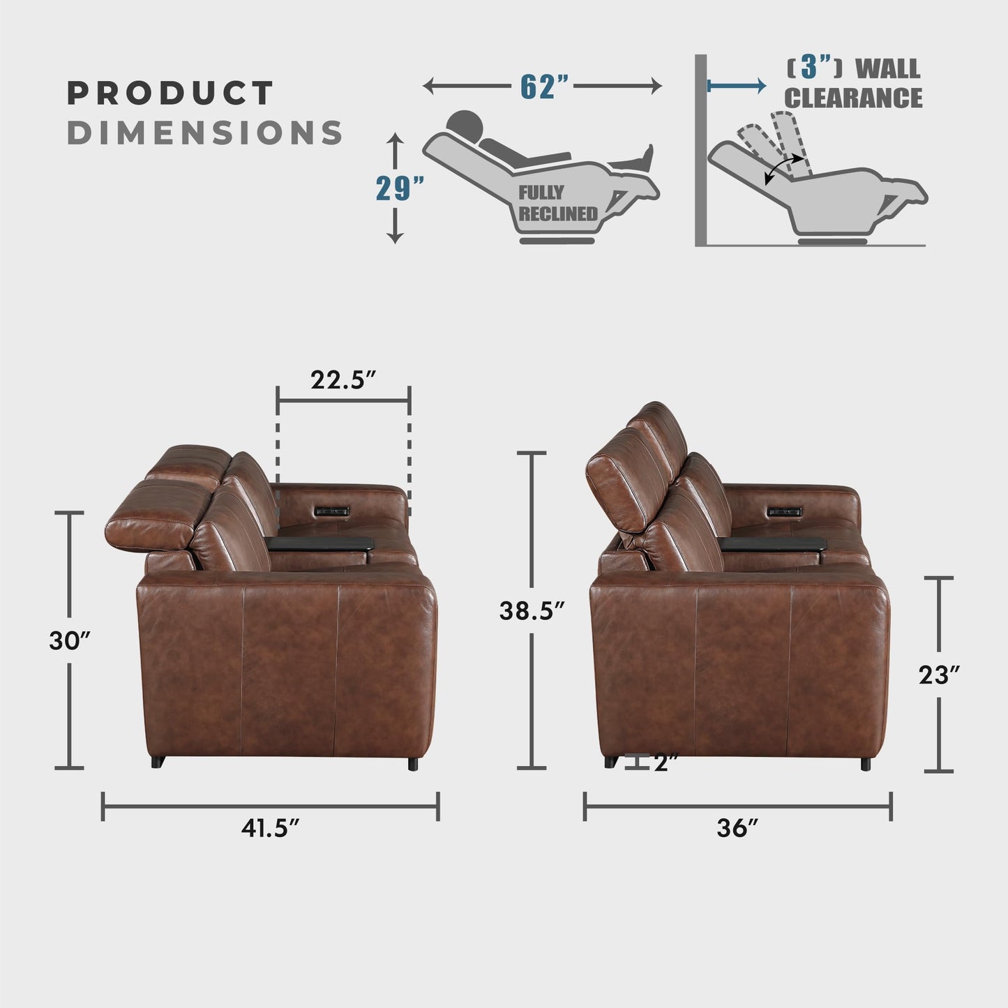 Lexicon Sectional Couches for Living Room-Modular Sectional Sofa, Power Double Reclining Loveseat with Center Console, Power Headrests, Charging Ports, Dual Cup Holders, Top Grain Leather Brown