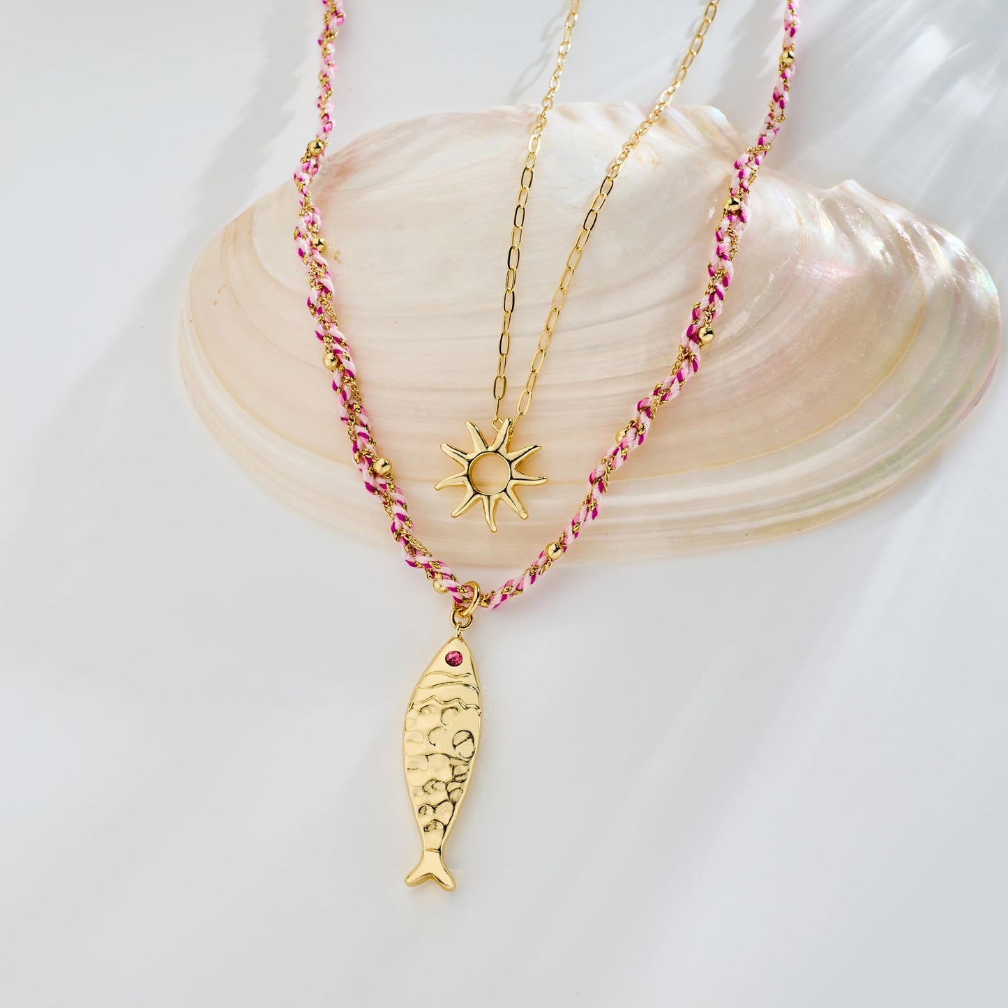 ENSKEFEN Double Layered Necklace for Women with Gold Sun and Fish Pendant Braid Cord Necklace Trendy Boho Ocean Fish Necklaces Adjustable Summer Beach Gold Necklaces Jewelry
