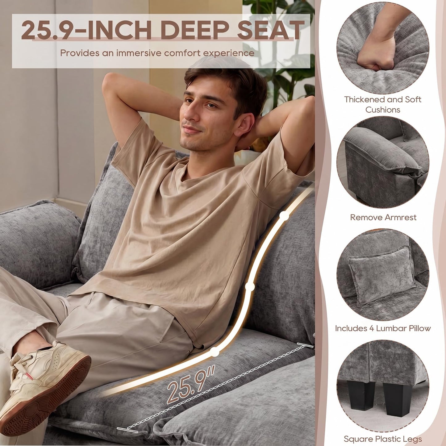 IPKIG 154" Modular Sectional Sofa, Chenille C-Shaped Sectional Couch Comfy Upholstered Seat Sofa with Ottoman, Deep Seat Cloud Couch Sofa for Living Room, Light Grey