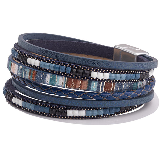 FANCY SHINY Boho Leather Wrap Bracelets Trendy Layered Bracelets with Magnetic Clasp Strackable Bohemian Cuff Jewelry Gifts for Women(Navy Blue)