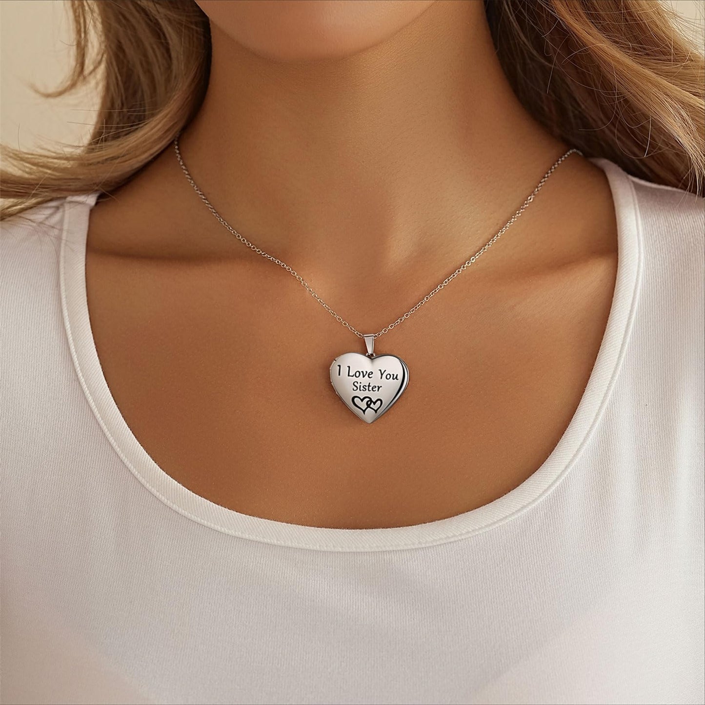 PHOCKSIN I Love You Sister Personalized Heart Locket Necklace That Holds Pictures Customizable Photo Lockets for Women Custom Photo Text&Symbols