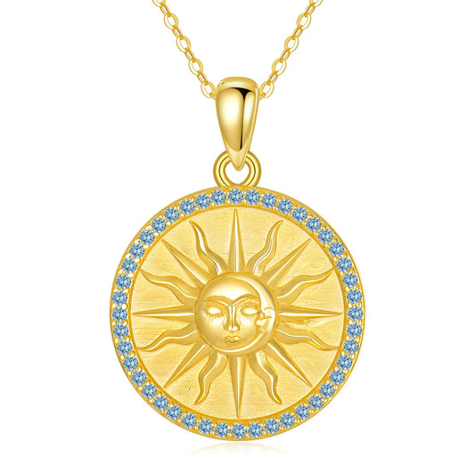 KQF Birthstone Sun Necklace for Women 925 Sterling Silver Sun and Moon Gold Plated Coin Pendant March Jewelry Gift