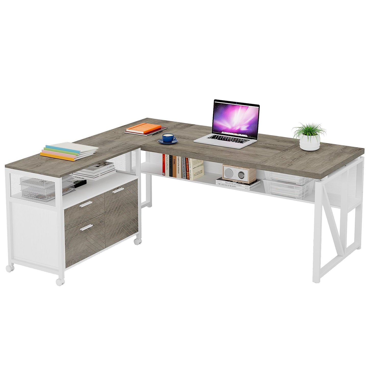 Tribesigns L Shaped Desk with Drawer Cabinet, 63" Executive Computer Desk and lateral File Cabinet, 2 Piece Home Office Furniture with Drawers for Hanging File, Doors with Locks (Dark Oak, 63-inches)