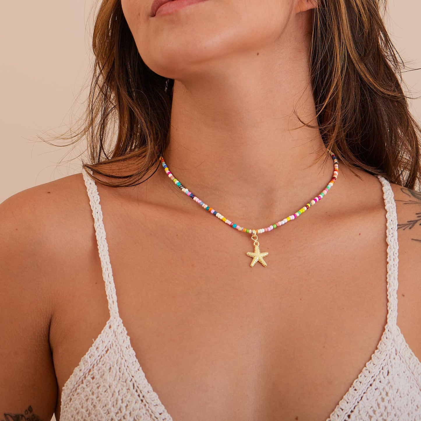 Plenky Gold Necklace for Women-Colorful Beaded Necklaces 14K Gold Plated Bohemian Choker Spotted Starfish Beachy Jewelry for Women Gifts