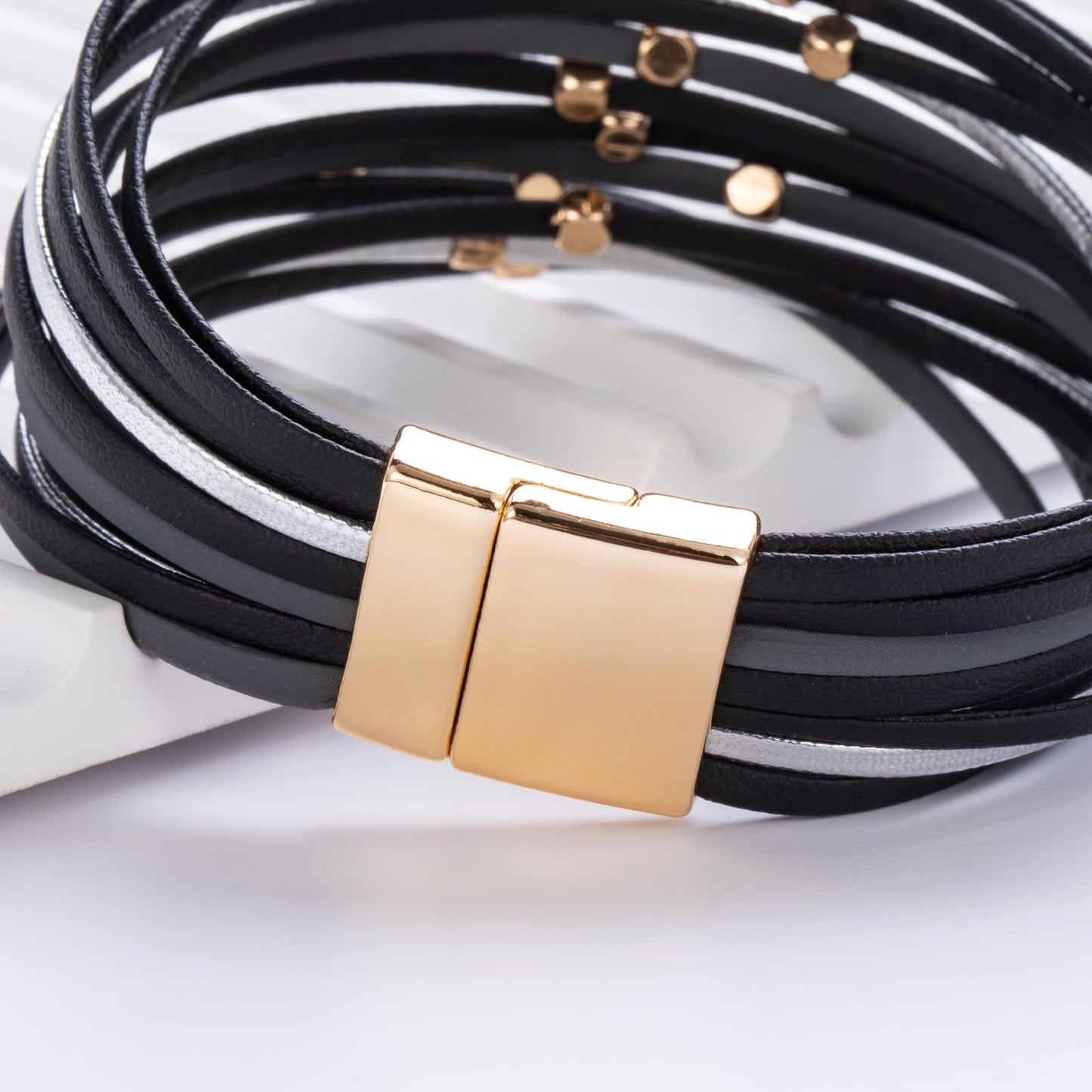 FANCY SHINY Beaded Leather Wrap Bracelets Cute Boho Stackable Bangle Cuff with Magnetic Clasp Layered Trendy Jewelry for Women(Black)