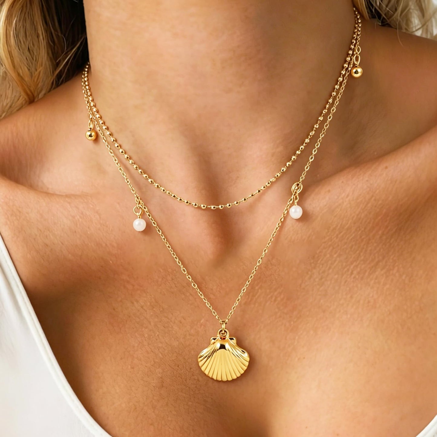 Starfish Shell Necklace for Women,14k Gold Plated Silver Layered SeaShell Pearl Pendant Charm Necklaces Dainty Non Tarnish Adjustable Waterproof Beaded Necklace Stack Jewelry for Summer Beach Vacation (Gold Shell Necklace)