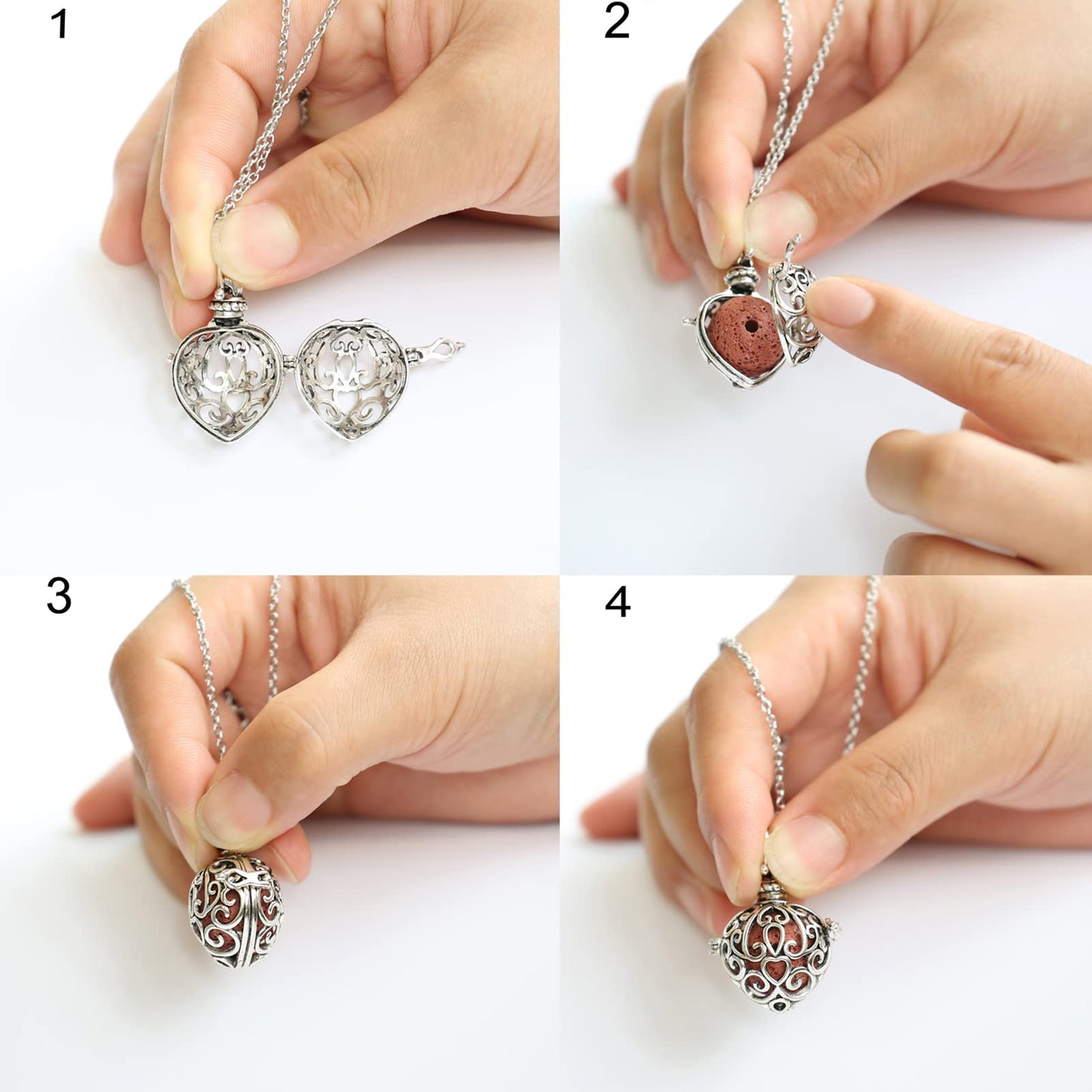 HEDQFM 2PCS Aromatherapy Essential Oil Diffuser Necklace Love Heart and Hollow Ball Locket Pendant Necklace with Lava Bead Stone for Women