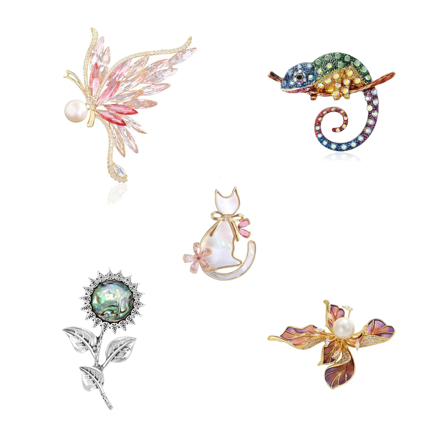 Flower and Animal Brooch Set Gift Box for Women Rhinestone Zircon Flower and Animal Pin Birthday Holiday Gift for Wife Girlfriend Mother