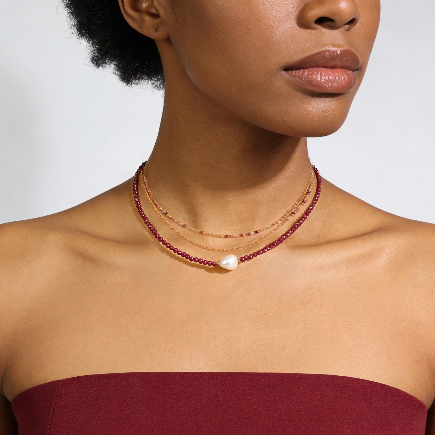 Single Pearl Necklaces for Women, Garnet Necklace Natural Red Stone Gemstone Choker Necklace, Dainty Pearl Drop Necklace Handmade Jewelry Women Christmas Gift Birthday Bridesmaids Anniversary 18 inch