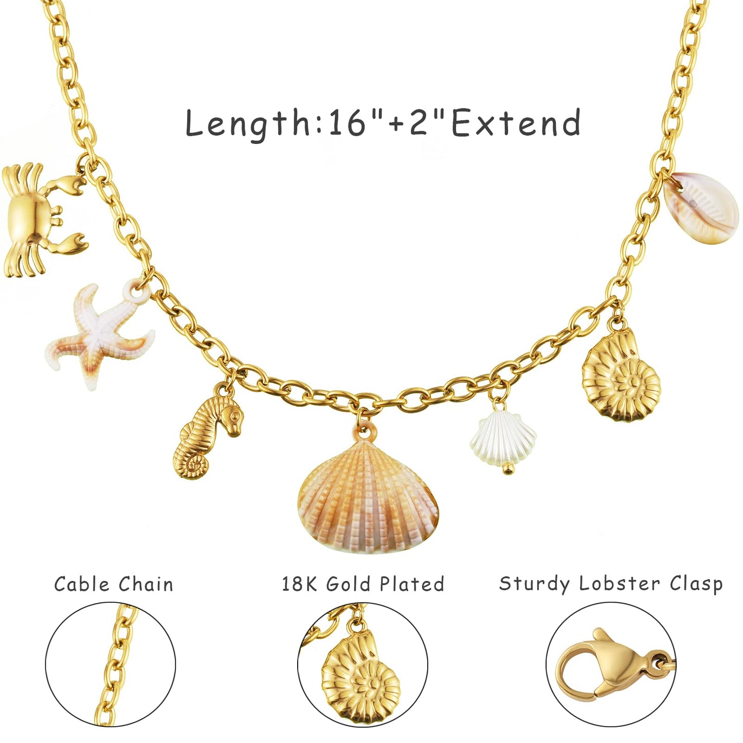 LCTrusttmor Gahna Sea Shell Necklace for Women, 18K Gold Plated Starfish Seahorse Crab Conch Charm with Adjustable Choker Necklaces for Women, Summer Beach Jewelry Gifts