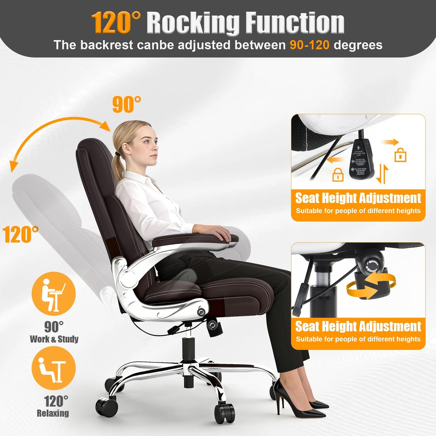 Ergonomic Leather Office Chair with Adjustable Lumbar Support, Flip-Up Armrests Desk Computer Chair, Swivel PC Chair with Rocking Function