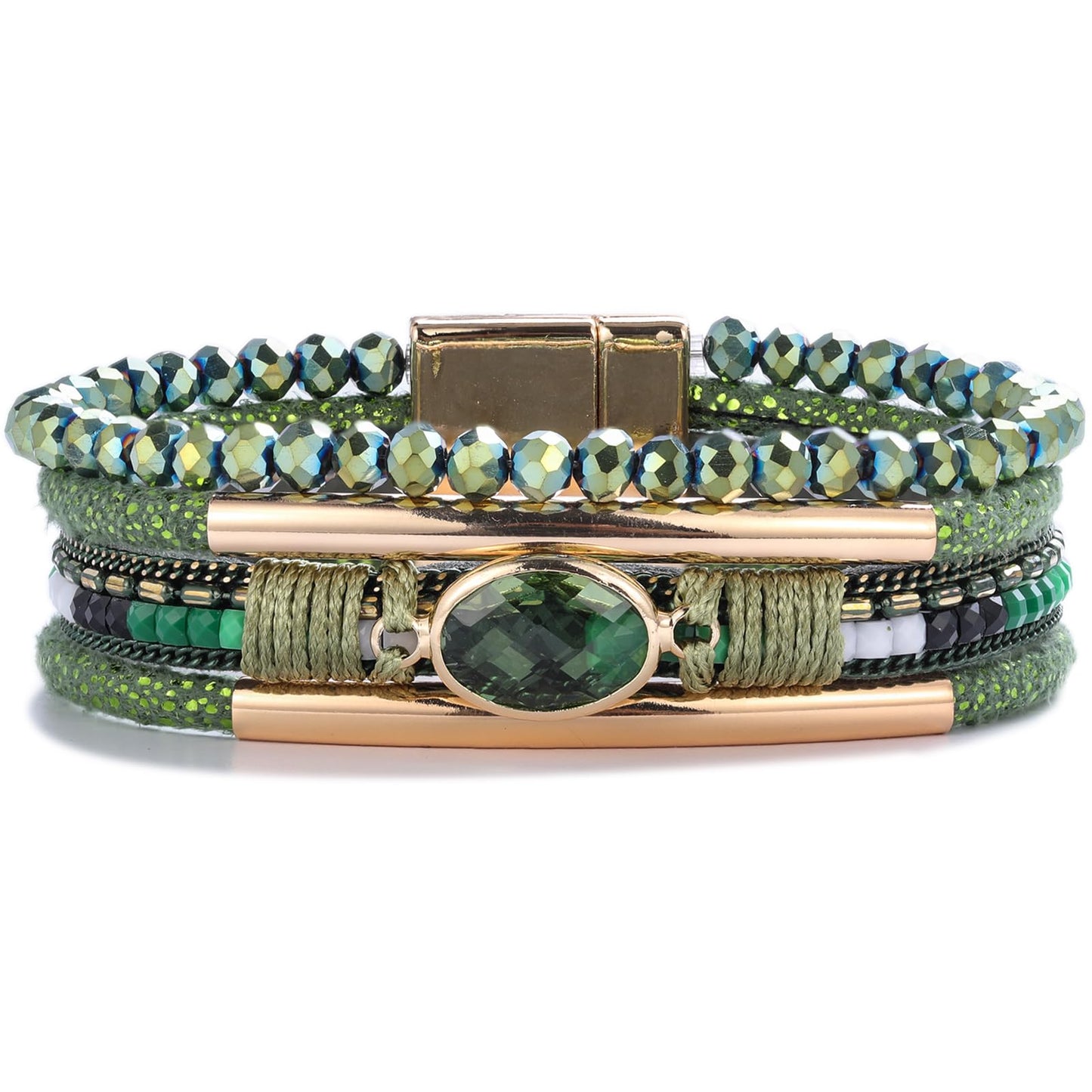 FANCY SHINY Leather Wrap Bracelets Crystal Beads Bracelet Boho Cuff Stone Charm Bracelets with Clasp Costume Jewelry for Women(Dark Green)