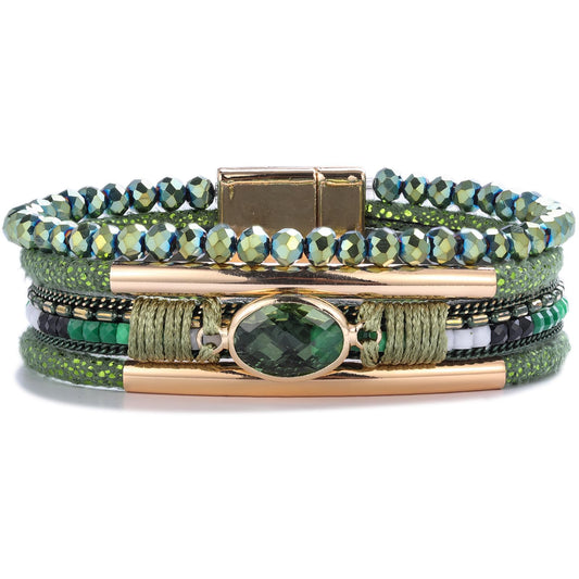FANCY SHINY Leather Wrap Bracelets Crystal Beads Bracelet Boho Cuff Stone Charm Bracelets with Clasp Costume Jewelry for Women(Dark Green)