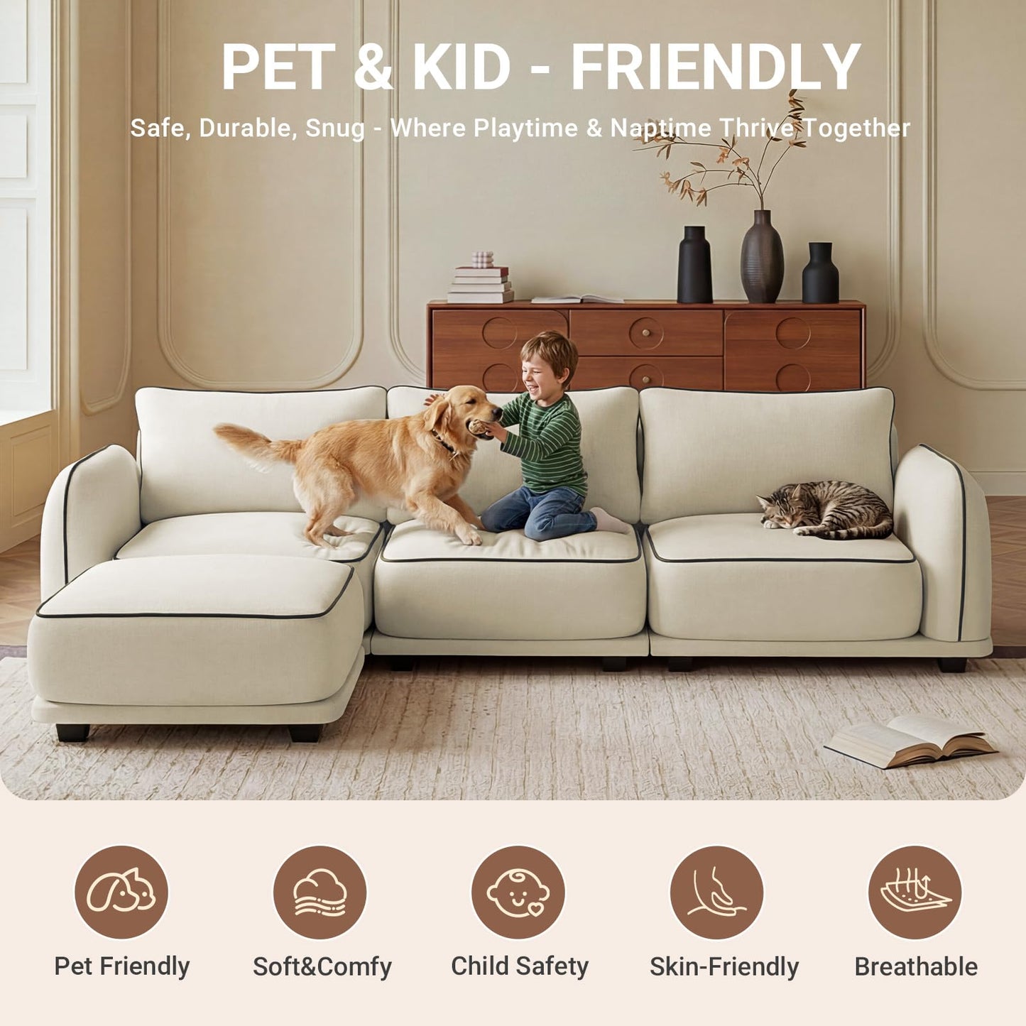 104 Inch L Shaped Modular Sectional Sofa, 4 Seater Modern Cloud Chenille Comfy Couch with Movable Ottoman & 3 Back Pillows, Oversized Comfy L Shape Couch for Living Room, Bedroom, Apartment, Beige