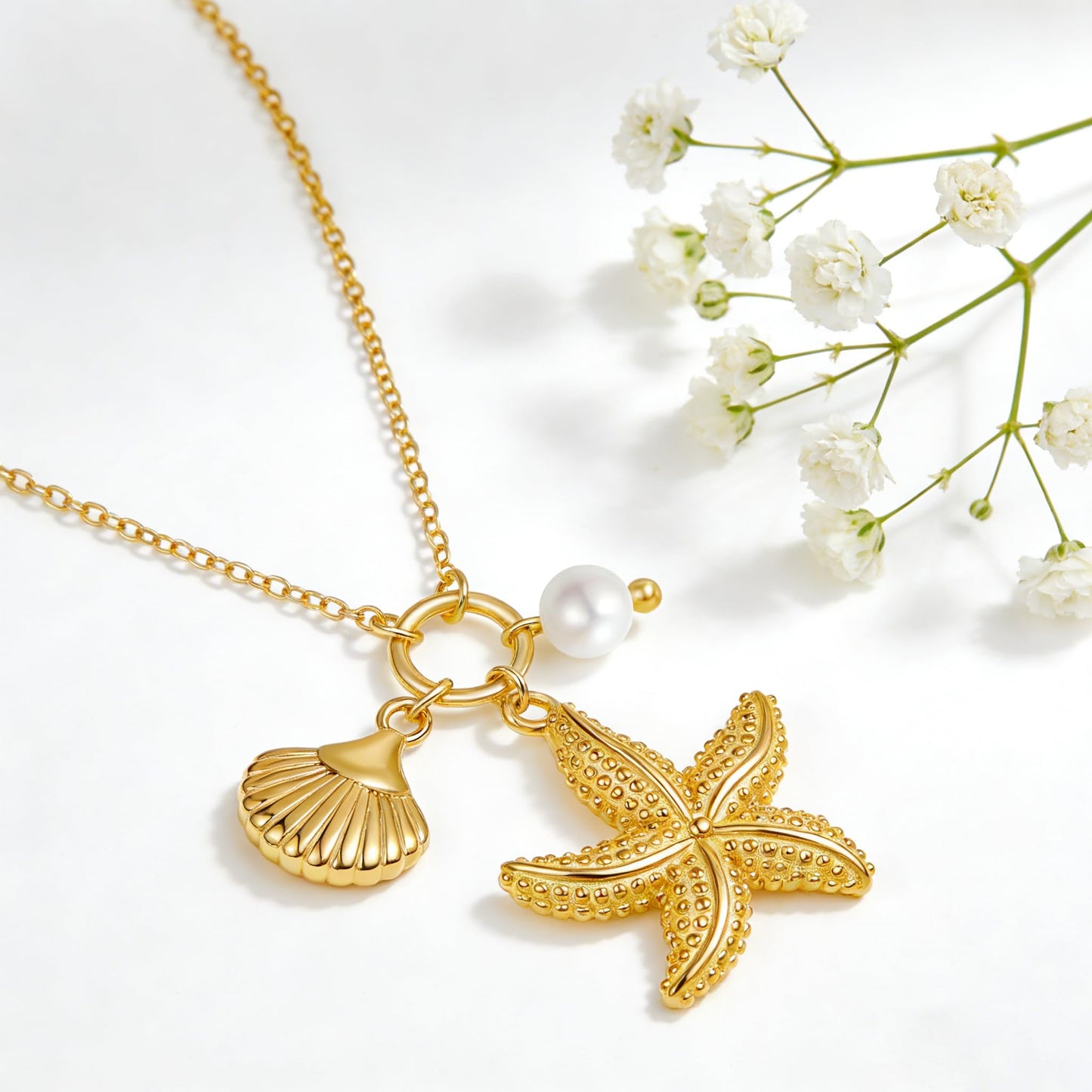 LUANIOL Starfish Necklace 18K Yellow Gold Plated Starfish Seashell Pendant Necklace Beachy Jewelry Gifts for Women