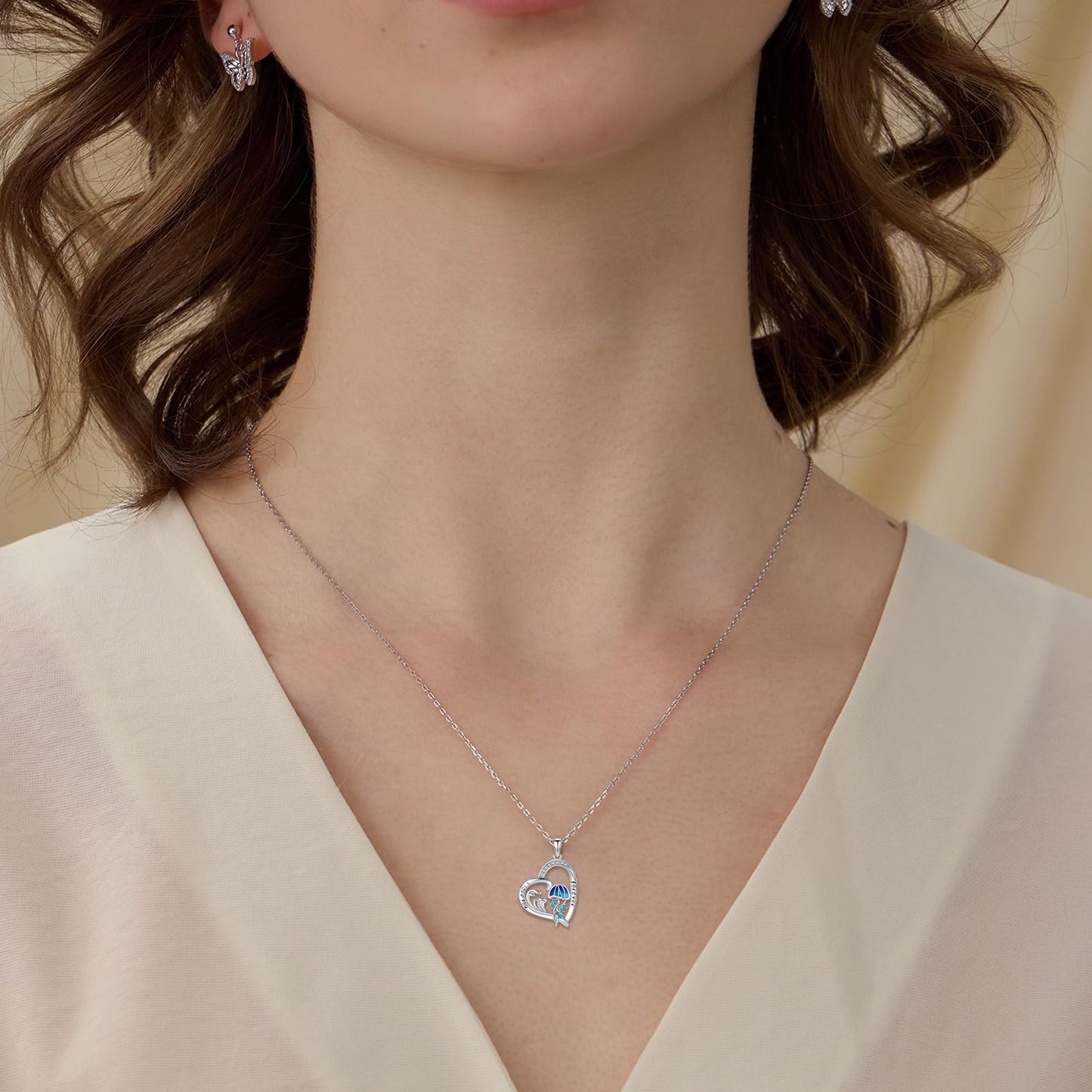 Twoowl Ocean Jellyfish Necklace 925 Sterling Silver Wave Pendant Necklaces Beach Jewelry Gifts for Women Girlfriends Mom Birthday