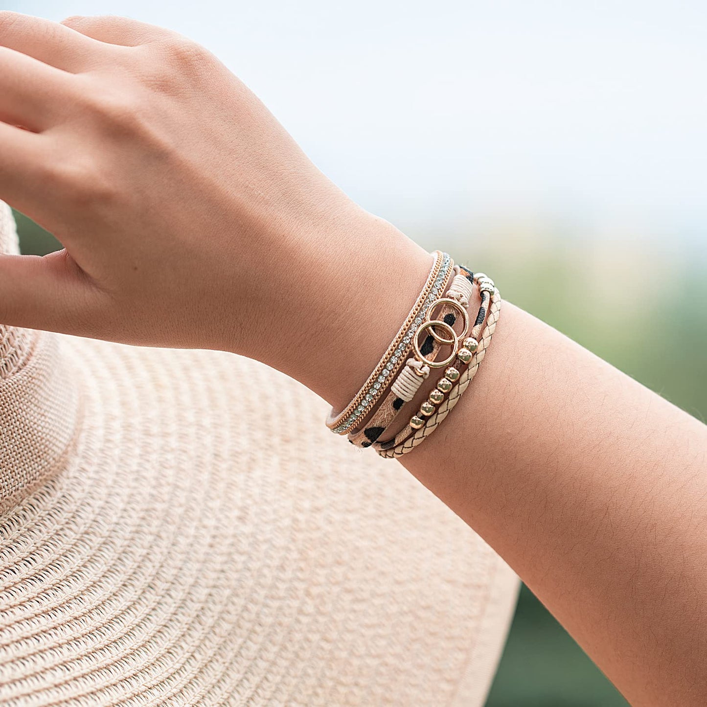 FANCY SHINY Boho Leather Wrap Bracelet Stackable Beaded Infinity Chunky Cuff Bracelets with Magnetic Clasp Western Hippie Outfits Jewelry Gifts for Women(Leopard)