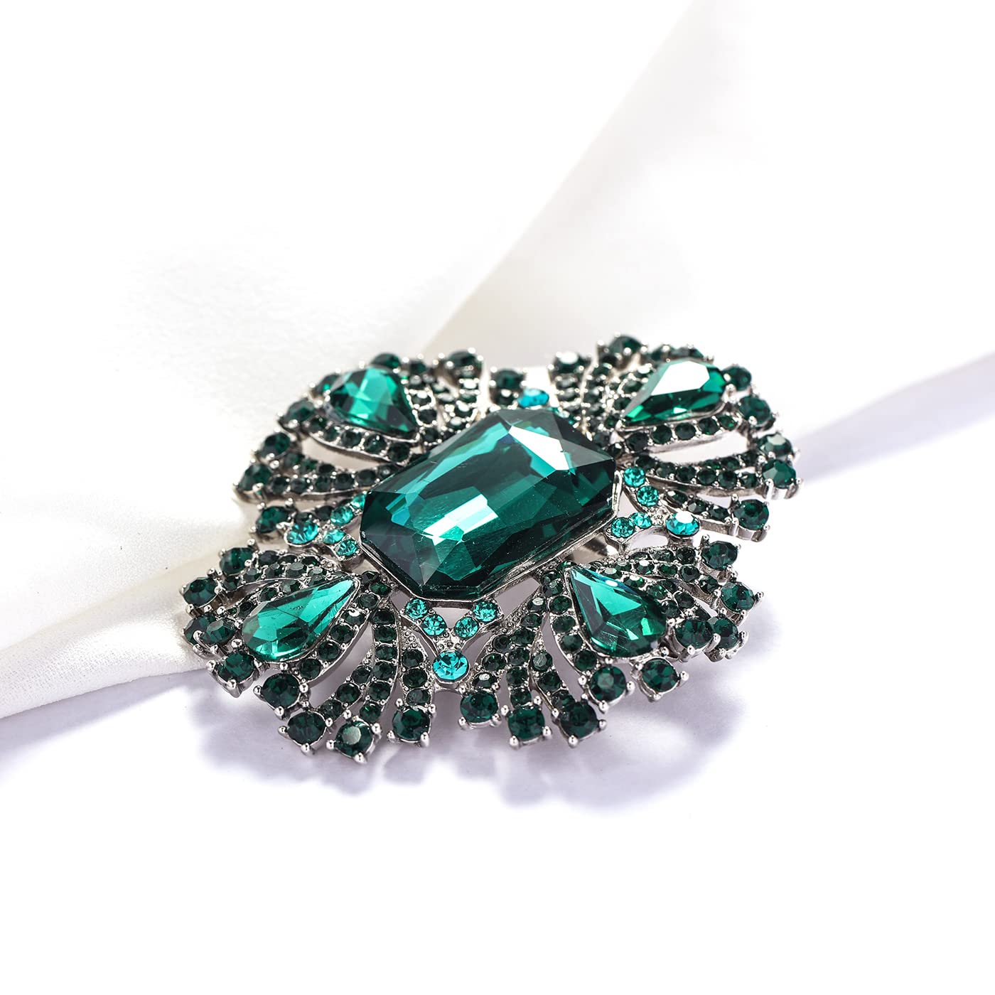 YOQUCOL Vintage Dark Green Austrian Crystal Rhinestone Cross Flowers Shaped Brooch Pin Elegant Jewelry For Women