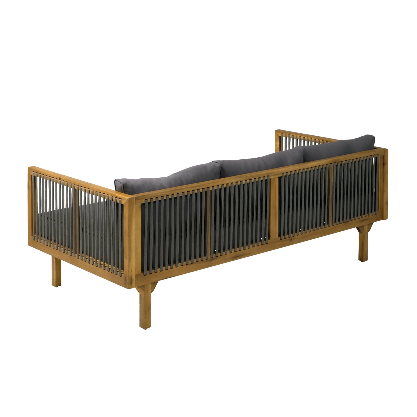 Merax Outdoor Acacia Wood Conversation Set - Patio 3-Seat Loveseat Sofa w/Coushion and Round Coffee Table for Backyard, Lawn, Balcony, Water Repellent, 600 lbs Sofa Capacity, Teak + Gray
