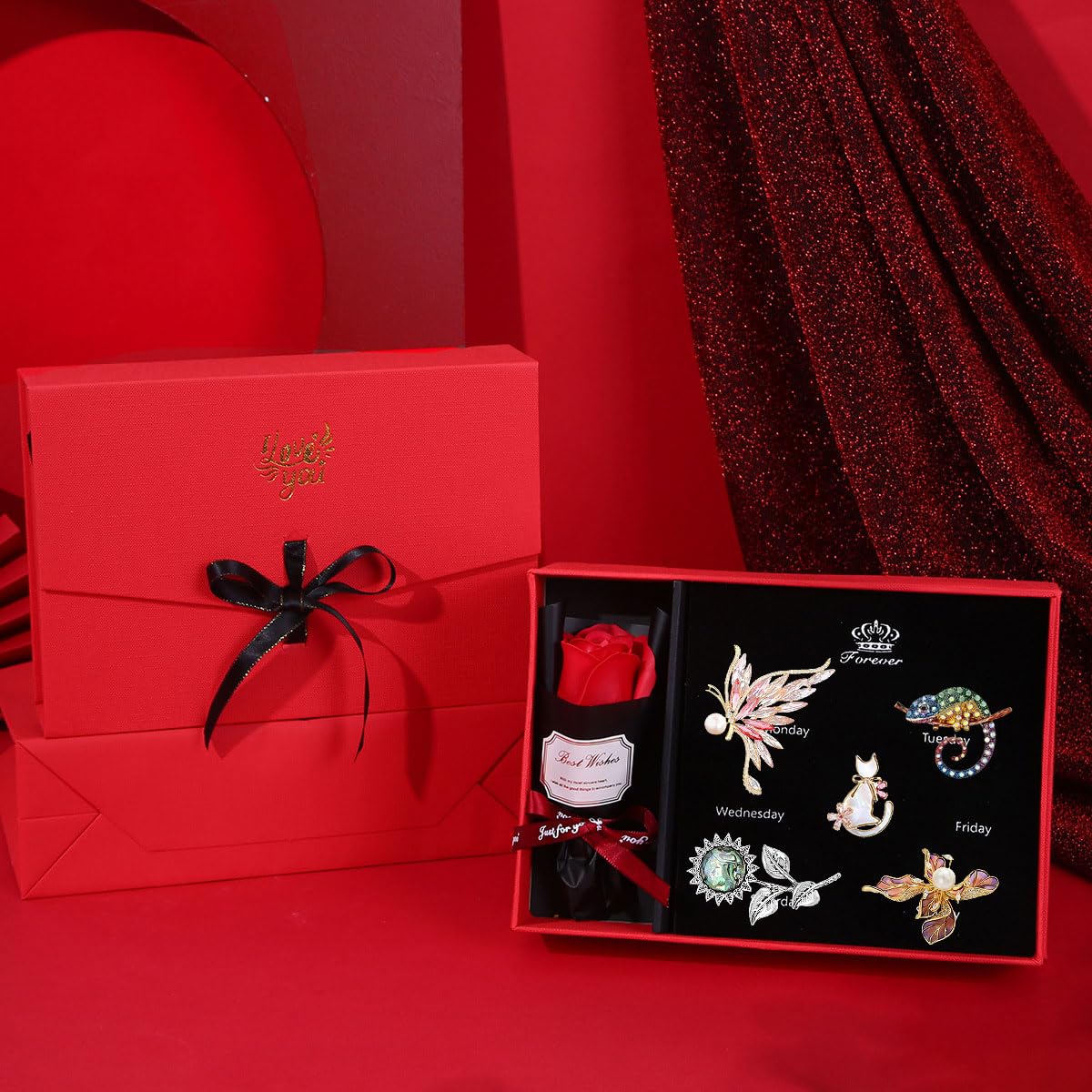 Animal and Flower Brooch Set Gift Box for Women Rhinestone Zircon Animal and Flower Pin Birthday Holiday Gift for Wife Girlfriend Mother