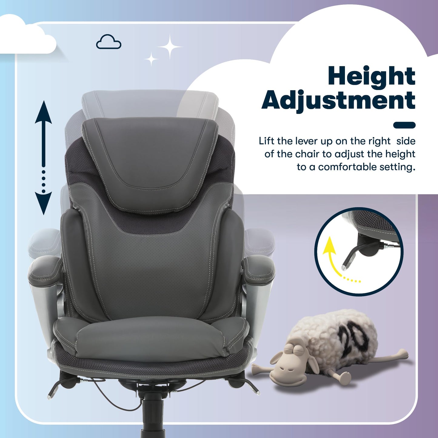 Serta Bryce Executive Office Chair - Ergonomic Computer Desk Chair with Patented AIR Lumbar Technology - Adjustable Height - Memory Foam Body Pillows - 360° Swivel Rolling Base - Bonded Leather - Gray