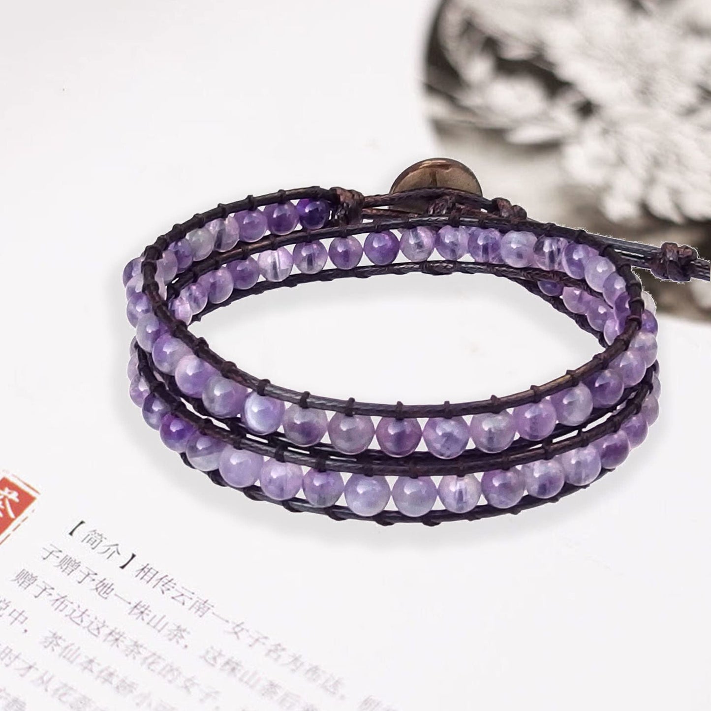 Ayriwoyi Purple Amethyst Bracelet Beaded Wrap Bracelet for Women Healing Crystal Bracelet Adjustable Natural Stone