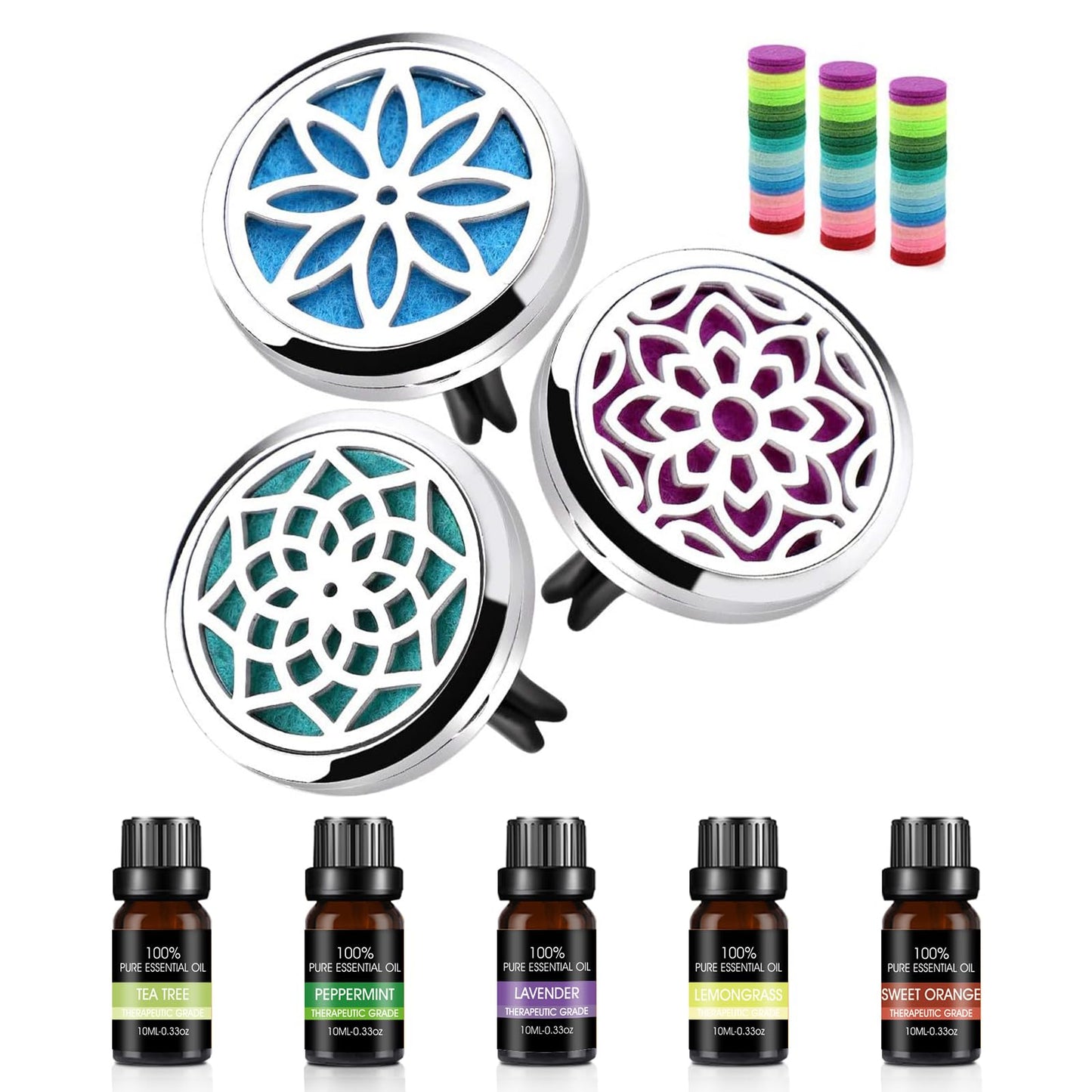 ttstar Car Diffuser Vent Clip - 30mm Aromatherapy Essential Oil, 3 Car Air Fresheners Vent Clips with 36 Refill Pads and 5 Essential Oils Gift for Women