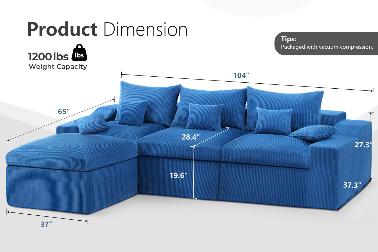 HABUTWAY 104" L Shaped Cloud Sectional Couch, Boneless Modular Sectional Sofa with Deep Seat, Corduroy Couches for Living Room, Modular Couch, No Assembly Required (Blue)