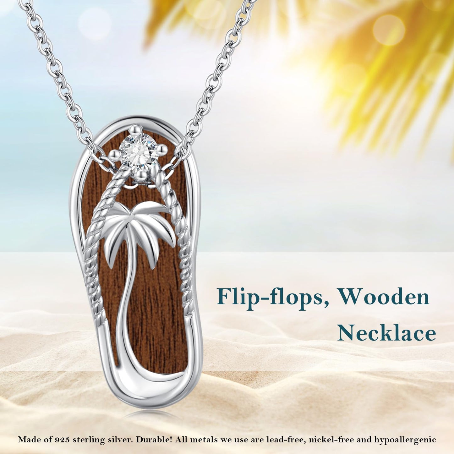 Midir&Etain Flip Flop Necklace 925 Sterling Silver Palm Tree Pendant Beach Wooden Necklace Flip-Flop Wood Jewelry for Women