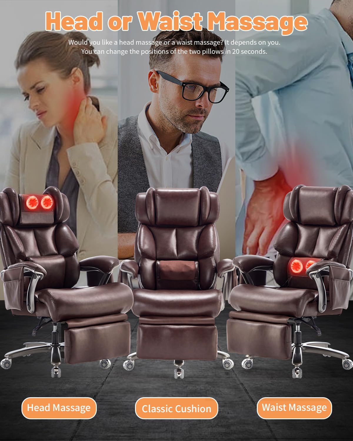 800LBS Massage Office Chair with Foot Rest & 8 Points Vibration Heat for Heavy People,Big and Tall Ergonomic Executive Reclining Desk Chairs for Home Office Managerial Use (Brown (Wheel Upgrade))