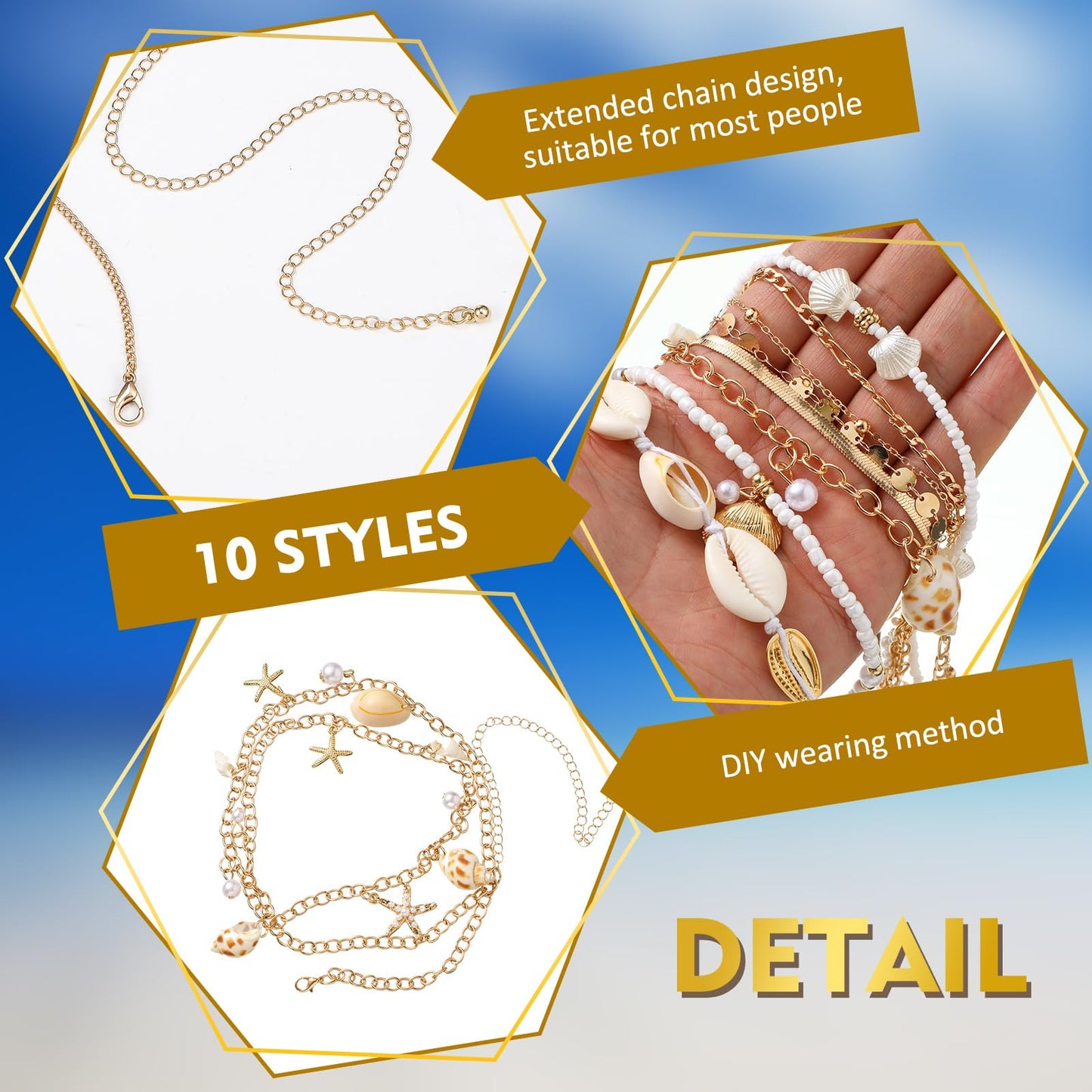 Lenwen 10 Pcs Boho Natural Starfish Shell Belly Chain for Women Summer Beach Seashell Waist Chain Multi Layered Body Pendant Jewelry for Summer Beach Vacation Bikini Jewelry Accessories