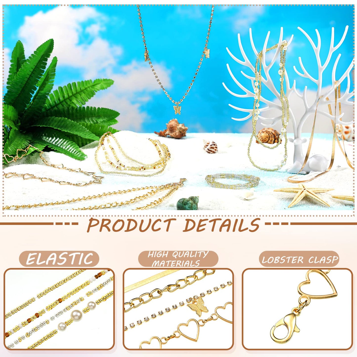 JenPen 8 Pcs Belly Chain Adjustable Waist Chain Summer Beach Bikini Waist Body Beads for Women Adults Multilayer(Charming Style)
