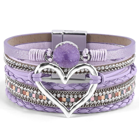 VIBILIA Boho Leather Wrap Bracelets for Women Heart Multi-Layer Bracelets with Strong Clasp Jewelry for Women - Purple