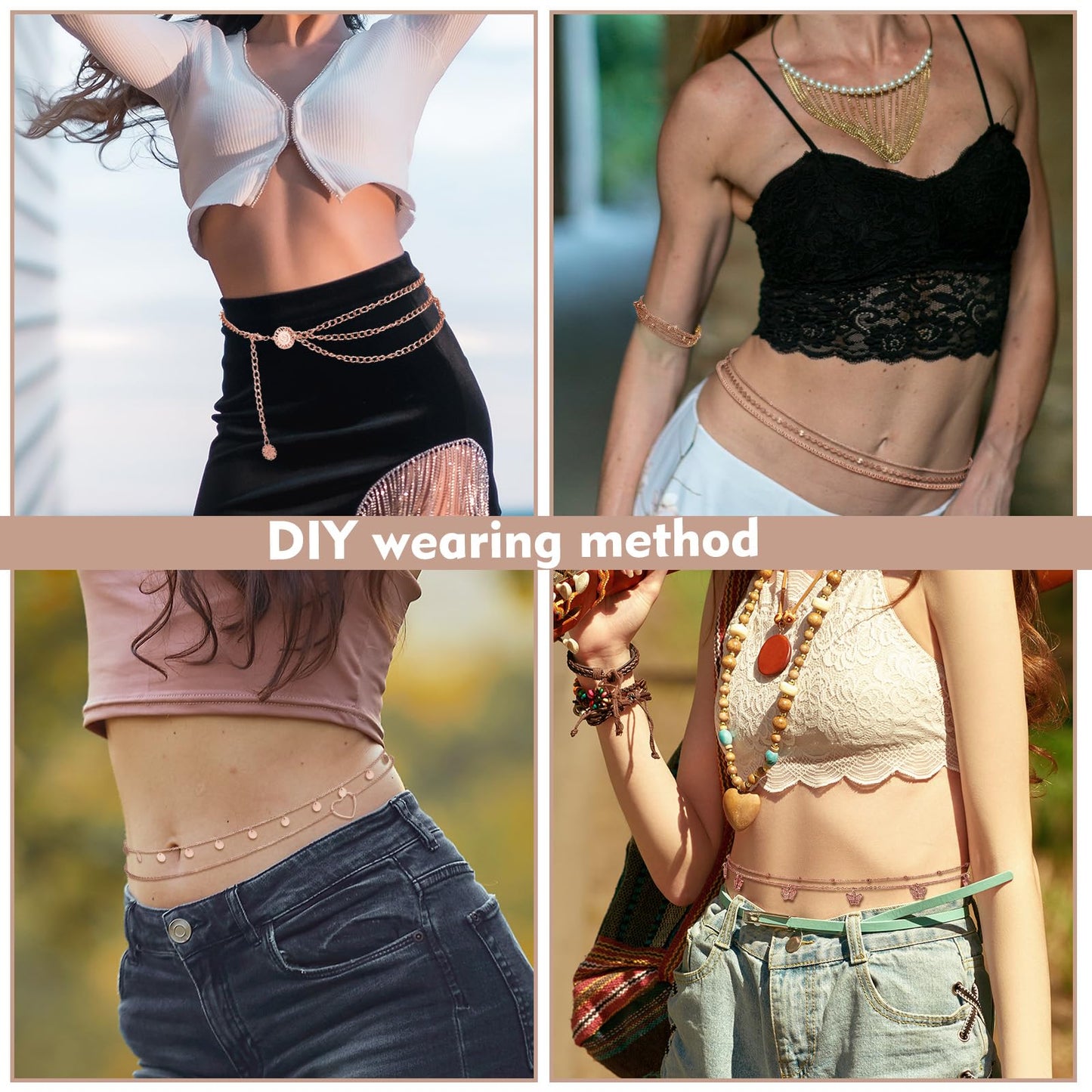 Lenwen 10 Pcs Summer Beach Belly Chain Adjustable Waist Multi Layered Chain Waist Jewelry for Women Girls Multilayer Body(Stylish Style,Rose Gold)
