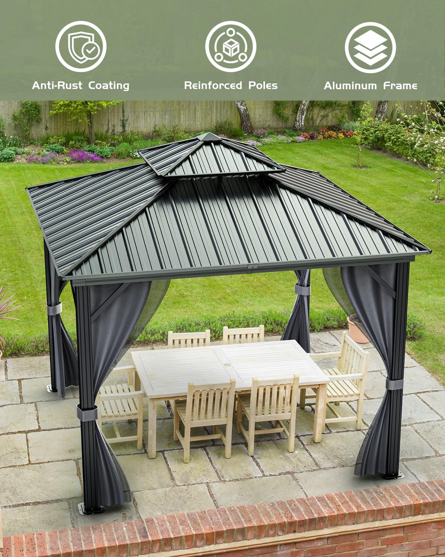 12'X12' Hardtop Gazebo, Outdoor Double Roof Galvanized Steel Gazebo, Aluminum Heavy-Duty Steel Top Canopy with Mosquito Net & Privacy Curtain for Patio, Porch, Garden, Lawn, Deck, Backyard,Gray