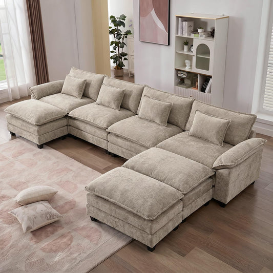 IPKIG 154" Modular Sectional Sofa, Chenille C-Shaped Sectional Couch Comfy Upholstered Seat Sofa with Ottoman, Deep Seat Cloud Couch Sofa for Living Room, Khaki