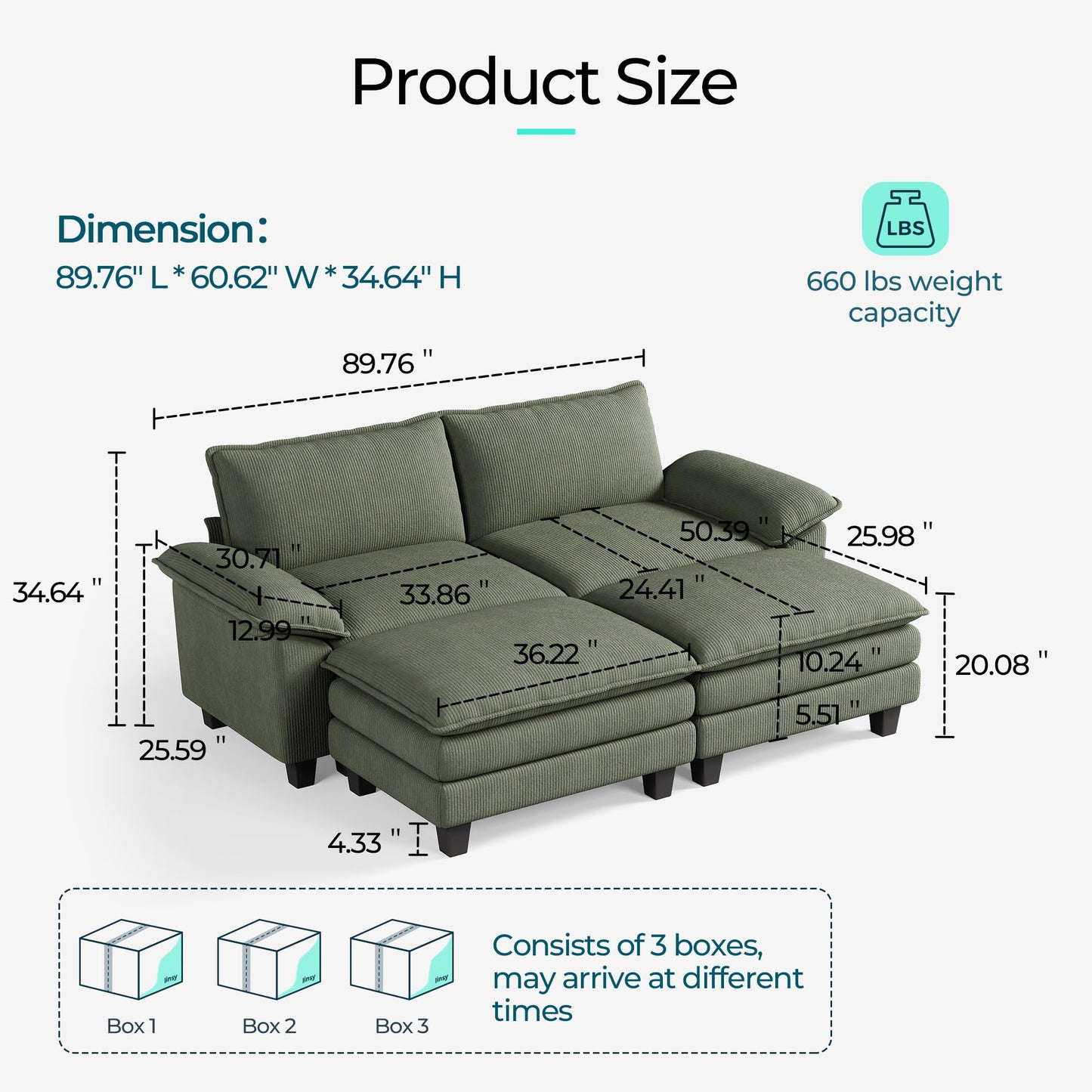 LINSY HOME Modular Sectional Sofa - Oversized Corduroy Cloud Couch with Movable Ottoman Soft Modern Comfy Sofa Set for Living Room Apartment Office, Green