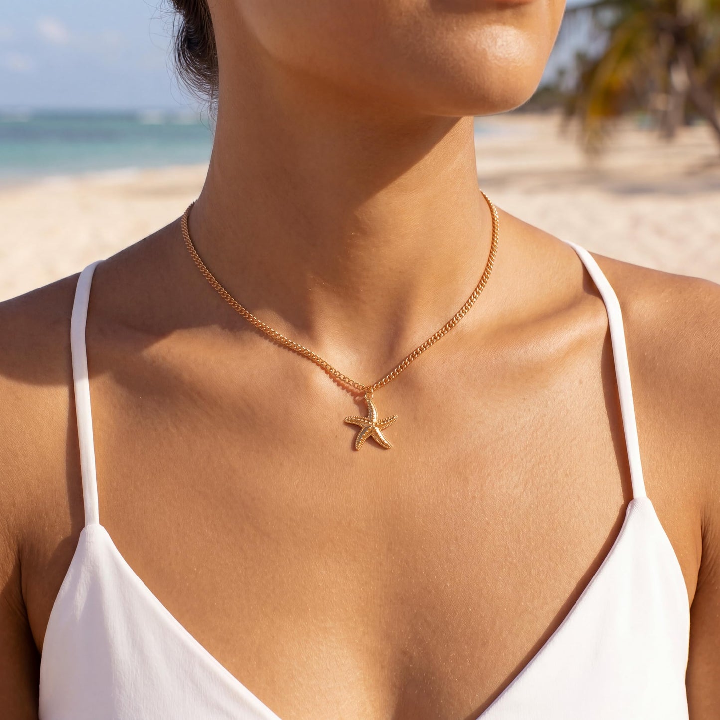 Shell Starfish Necklace for Women, 14k Gold Plated Boho Layered Beaded Charm Pendant Necklace, Dainty Adjustable Pearl Conch Summer Beach Vacation Jewelry Gifts(Starfish 1pcs)