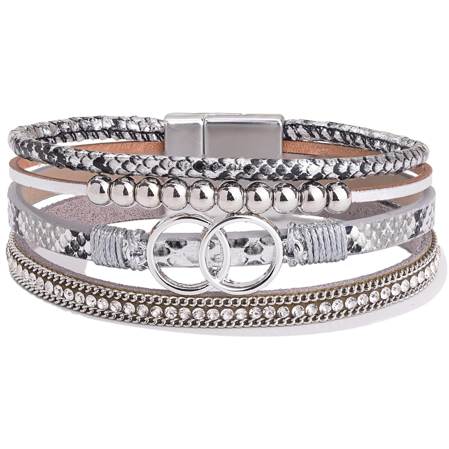 FANCY SHINY Boho Leather Wrap Bracelet Stackable Beaded Infinity Chunky Cuff Bracelets with Magnetic Clasp Western Hippie Outfits Jewelry Gifts for Women(Snakeskin Silver)