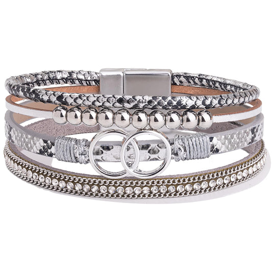 FANCY SHINY Boho Leather Wrap Bracelet Stackable Beaded Infinity Chunky Cuff Bracelets with Magnetic Clasp Western Hippie Outfits Jewelry Gifts for Women(Snakeskin Silver)