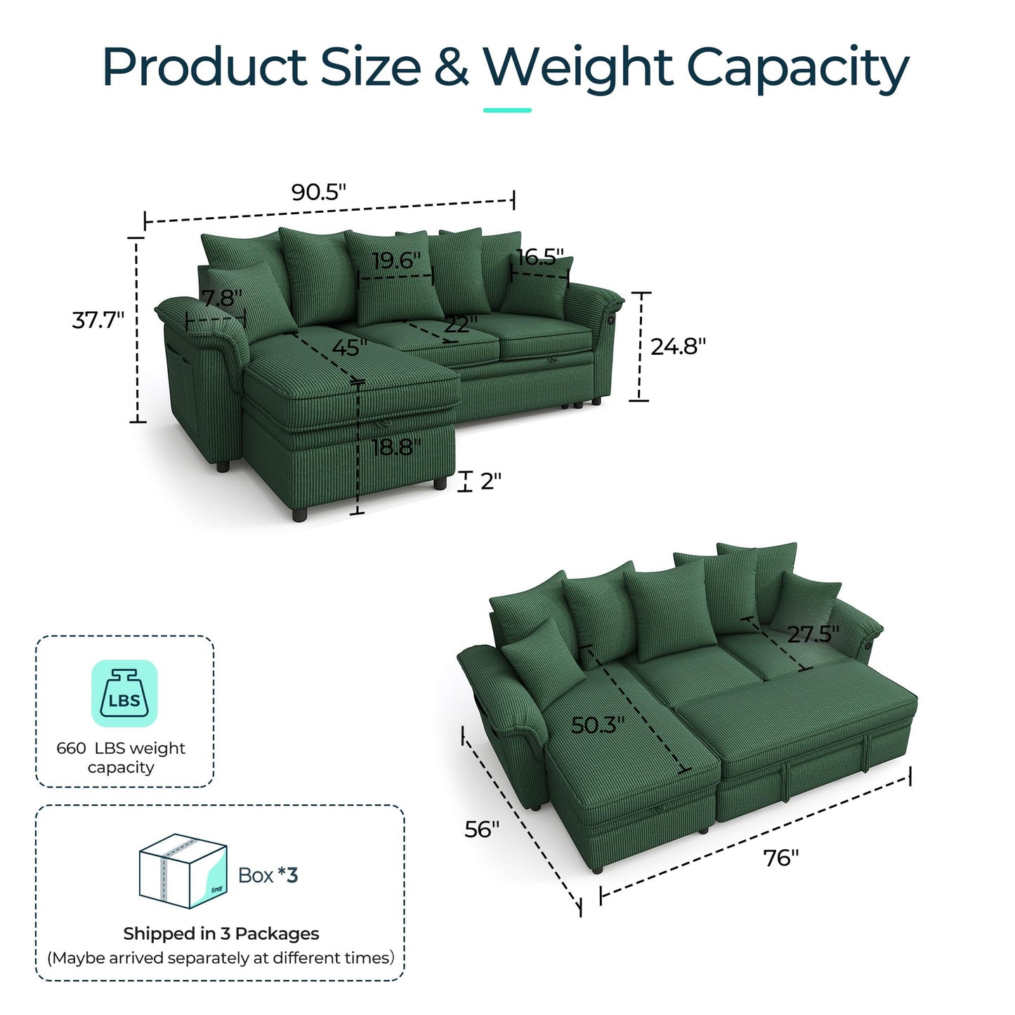 LINSY HOME 90.5'' Sectional Sleeper Sofa with Pull Out Couch Bed Modular (Green, 90.5'')